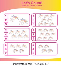 Count and Match Unicorn Game for kids. Unicorn counting game.  Math Worksheet for Preschool. Educational printable math worksheet. Vector illustration.