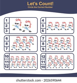 Count and Match Unicorn Game for kids. Unicorn counting game.  Math Worksheet for Preschool. Educational printable math worksheet. Vector illustration.