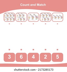 Count and Match worksheet for children. Matching images with numbers. Vector illustration. 