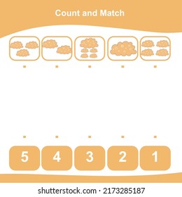 Count and Match worksheet for children. Matching images with numbers. Vector illustration. 