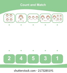 Count and Match worksheet for children. Matching images with numbers. Vector illustration. 