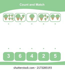 Count and Match worksheet for children. Matching images with numbers. Vector illustration. 