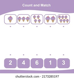 Count and Match worksheet for children. Matching images with numbers. Vector illustration. 