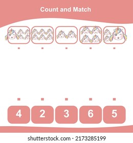 Count and Match worksheet for children. Matching images with numbers. Vector illustration. 