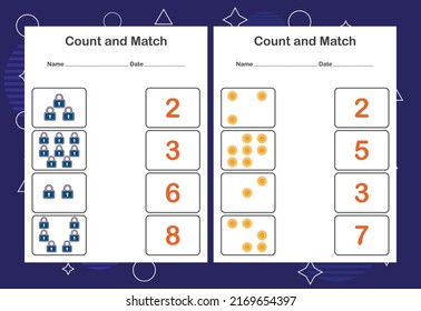 Count and Match worksheet for kids. Count and match with the correct number. Matching education game.