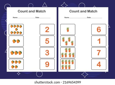 Count and Match worksheet for kids. Count and match with the correct number. Matching education game.