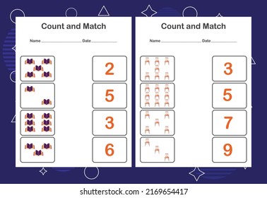 Count and Match worksheet for kids. Count and match with the correct number. Matching education game.