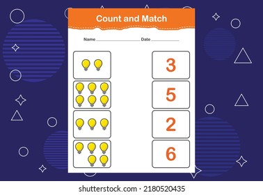 Contar y Coincidir hoja de cálculo para niños. Contar y coincidir con el número correcto. Juego educativo de juego.