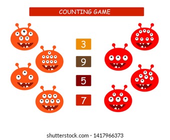 Count and match - worksheet for kids. Educational and mathematical game for kindergarten and preschool. Smiling monsters.