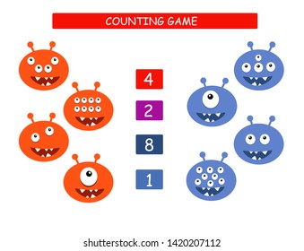 Count and match - worksheet for kids. Educational and mathematical game for kindergarten and preschool. Smiling monsters.