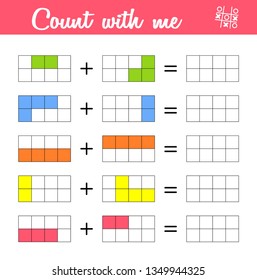 Count with me game for preschool children. Educational a mathematical game. Count in fractions and color the result!