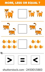 Count more less or equal of cute orange animal then cut and glue the correct sign pet worksheet