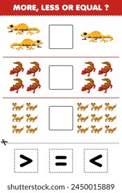 Count more less or equal of cute gecko then cut and glue the correct sign pet worksheet