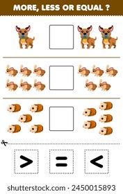 Count more less or equal of cute brown animal then cut and glue the correct sign pet worksheet
