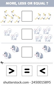 Count more less or equal of cute white animal then cut and glue the correct sign pet worksheet