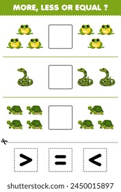 Count more less or equal of cute green animal then cut and glue the correct sign pet worksheet