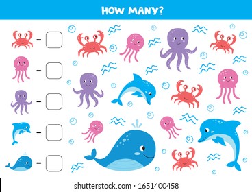 Count the number of different sea animals. Octopus, whale, jelly fish, dolphin and crab. Cartoon characters.