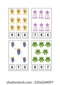 Count the number of little monsters. Educational worksheet for learning to count. Vector illustration of small animated monsters.