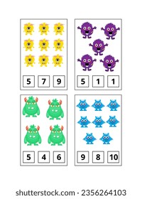 Count the number of little monsters. Educational worksheet for learning to count. Vector illustration of small animated monsters.