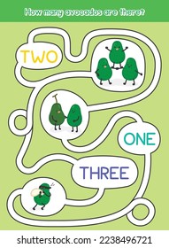 count the number and match of avocado fruits maze game exercises sheet kawaii doodle vector cartoon
