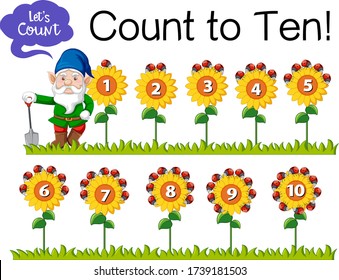 Count the number one to ten with gnome and sunflower on white background illustration