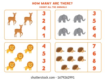 Cuenta el número de animales salvajes.Juego educativo para niños.