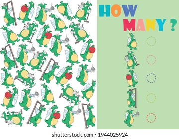 Count the objects on the picture. Cartoon illustration