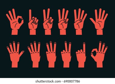 Count on fingers. Gesture. Stylized hands showing different numbers. Icons. Vector illustration on a dark background. Zero, one, two, three, four, five. Orange-red silhouette. Logo. Signs.