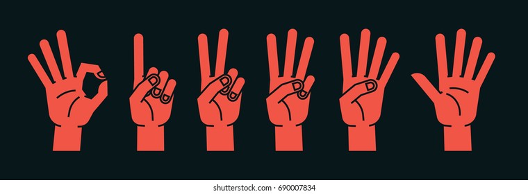 Count on fingers. Gesture. Stylized hands showing different numbers. Icons. Vector illustration on a dark background. Zero, one, two, three, four, five. Orange-red silhouette. Logo. Signs.