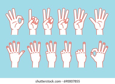 Count on fingers. Gesture. Stylized hands showing different numbers. Icons. Vector illustration on a blue background. Zero, one, two, three, four, five. Orange lines and white silhouette. Logo. Signs.