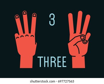 Count on fingers. Number 3 Vector illustration with text on dark background. Orange-red silhouette. 