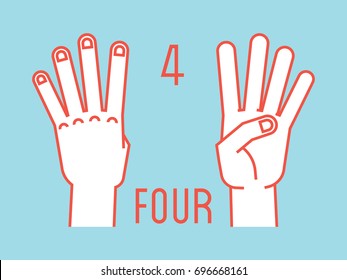 Count on fingers. Number four. Gesture. Stylized hands with index, middle, ring and little fingers up. Vector illustration with text on blue background. Orange lines, white silhouette. Icons. Logo. 4.