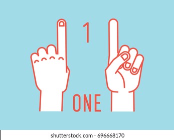 Count on fingers. Number one. Gesture. Stylized hands with index up. Vector illustration with text on blue background. Orange lines, white silhouette. Element for your design. Icons. Logo. Signs. 1.