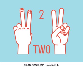 Count on fingers. Number two. Gesture. Stylized hands with index and middle fingers up. Vector illustration with text on blue background. Orange lines, white silhouette. Icons. Logo. Signs. 2.