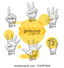 Count from one to five on fingers. Black outline gestures figures numbers vector illustration on white background with yellow color accent. Engraving digital hands image. Hand draw artwork.