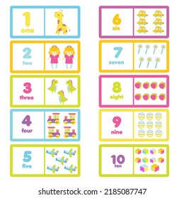 Count from one to ten. Educational cards for children. learning material with cartoon toys and numbers for kids, toddlers