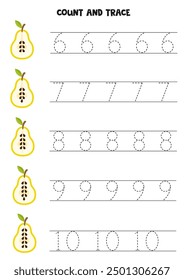 Count pear seeds and trace numbers. Educational worksheet for kids.