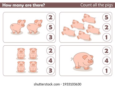 Count the pigs and circle the correct answer. Counting game for children. Development of logical and mathematical skills. Tasks for children, children's game, sheet for printing. Vector illustration.