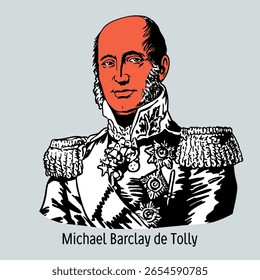 Conde, Príncipe Mikhail Bogdanovich Barclay de Tolly - líder militar russo de origem escocesa-alemã. Ministro da Guerra, General Marechal. Ilustração de vetor desenhada à mão