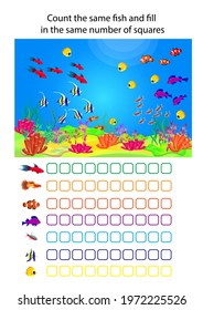 Count the same fish and fill in the same number of squares. Children's vector template for educational books, children's mathematics lessons, coloring on the marine theme.