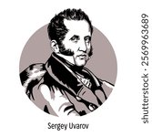 Count Sergei Uvarov - Russian classical scholar and statesman, Minister of Public Education, Senator, Actual Privy Councilor. Hand-drawn vector illustration