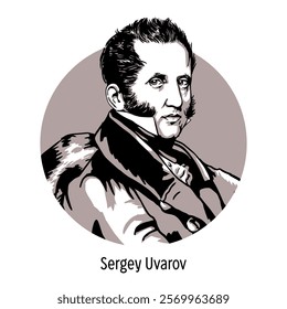 Count Sergei Uvarov - Russian classical scholar and statesman, Minister of Public Education, Senator, Actual Privy Councilor. Hand-drawn vector illustration