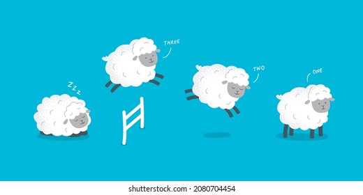 Count sheep before bed. Cute sheep are jumping over the fence. Vector flat illustration.