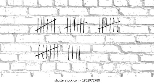 Count Tally On Brick Wall In Prison. Jail Black Marks Scratched And Crossed Out Vector Illustration. Counting Days, Weeks And Waiting. Time Counter On White Stone Background.