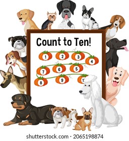 Count to Ten board with many different types of dogs illustration