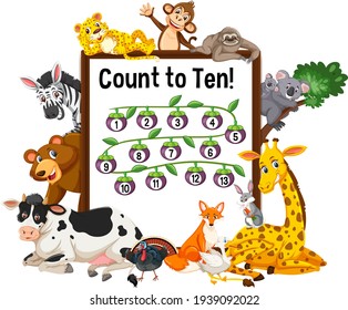 Count to ten board with wild animals illustration