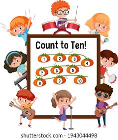 Count to ten number board with many kids cartoon character illustration