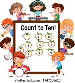 Count to ten number board with many kids cartoon character illustration