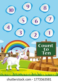 Count to ten for preschool in rainbow and unicorn theme background illustration