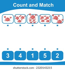 Count together the crab and match with the number. Count the sea life and match with numbers. Count and match math worksheet. Math game for children. Vector illustration file.